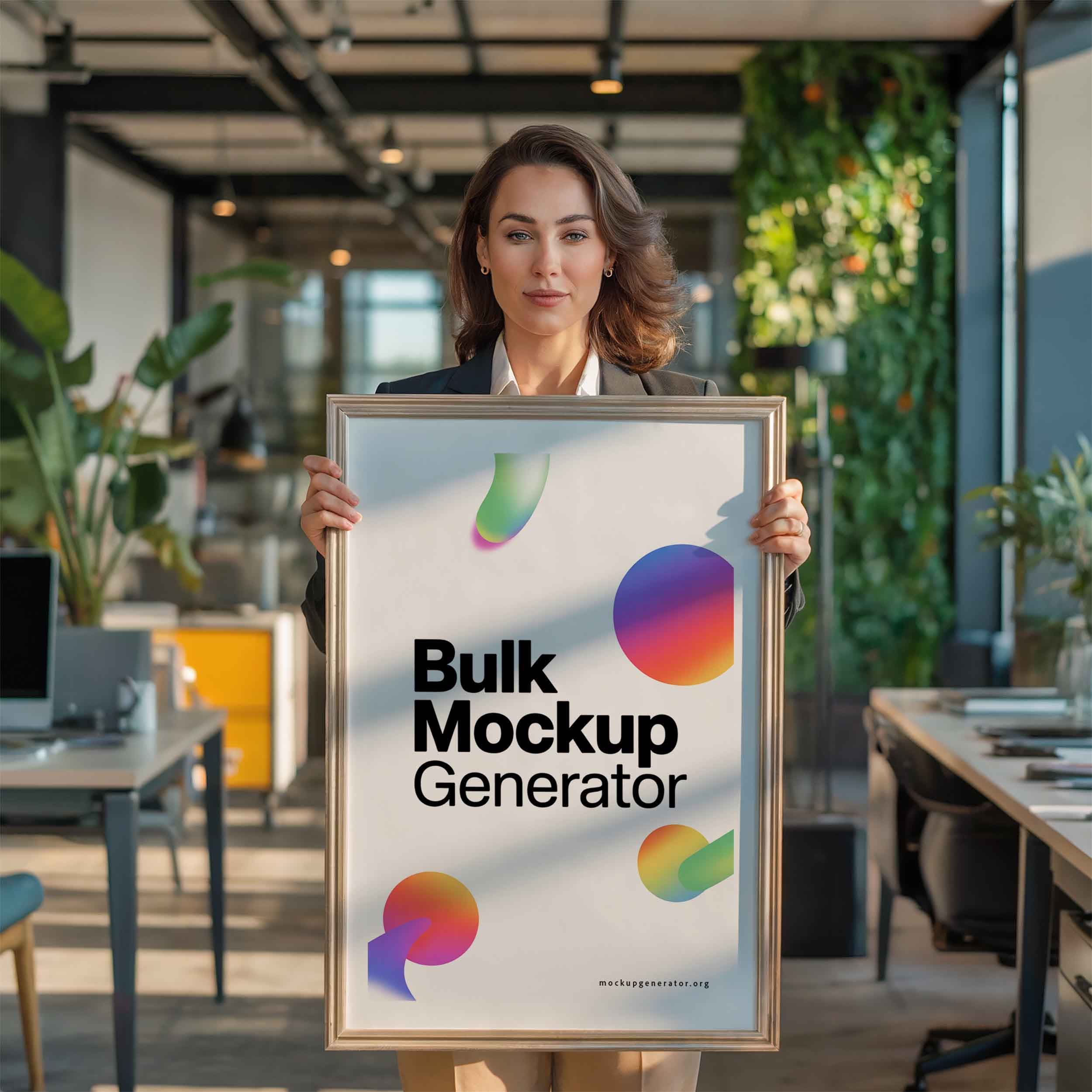 Woman holds poster frame in office