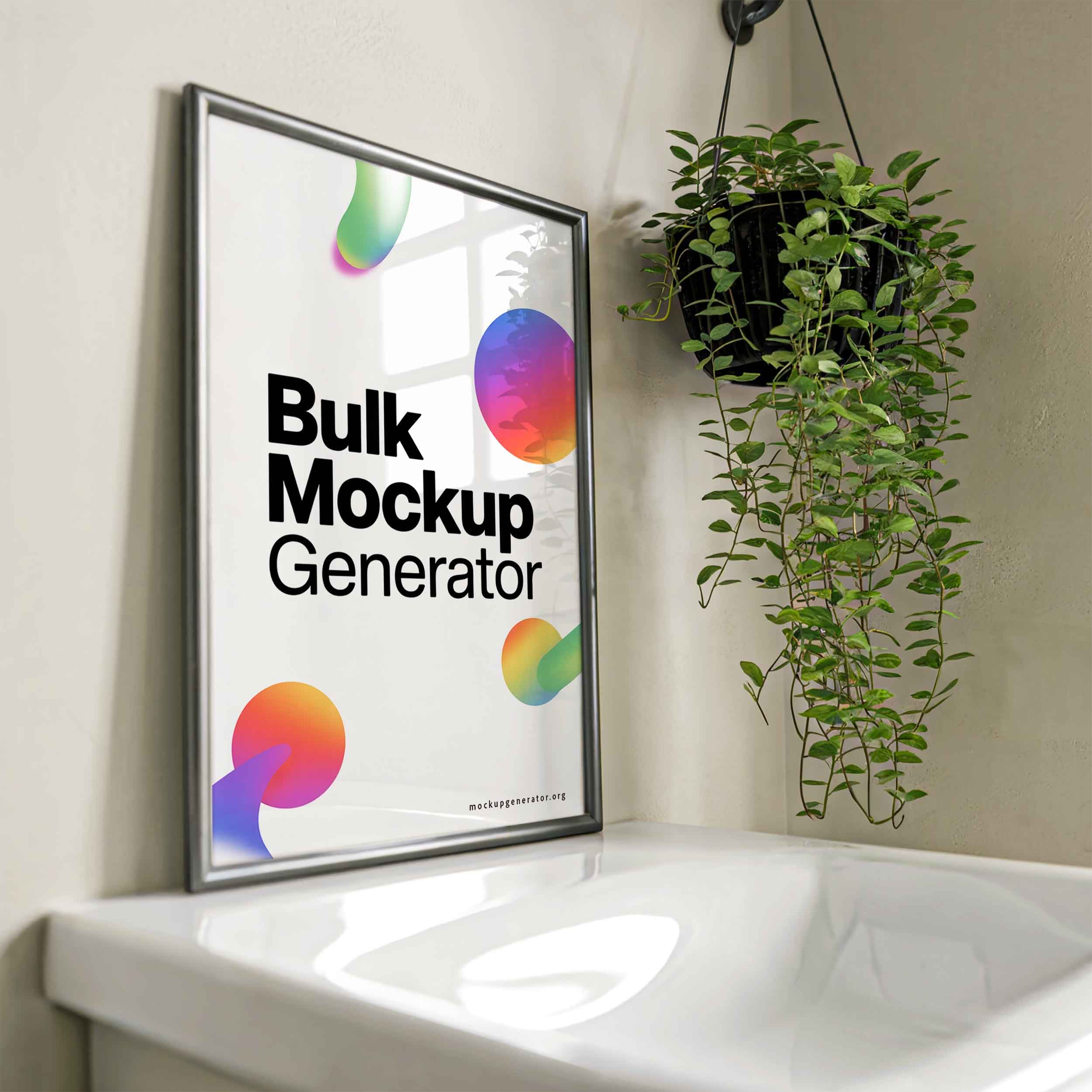 Framed poster in a bathroom near the sink