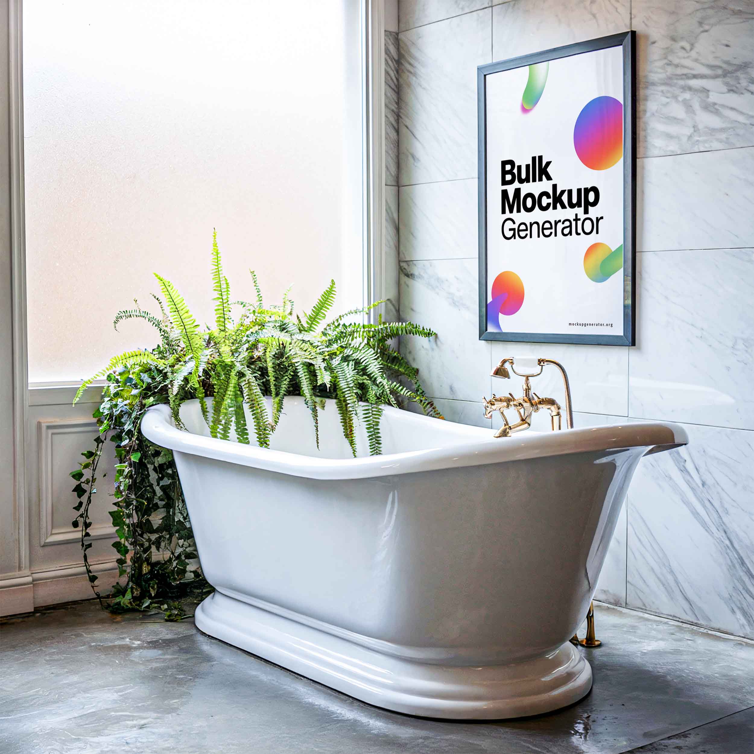 Framed poster in a bathroom with bath and greens