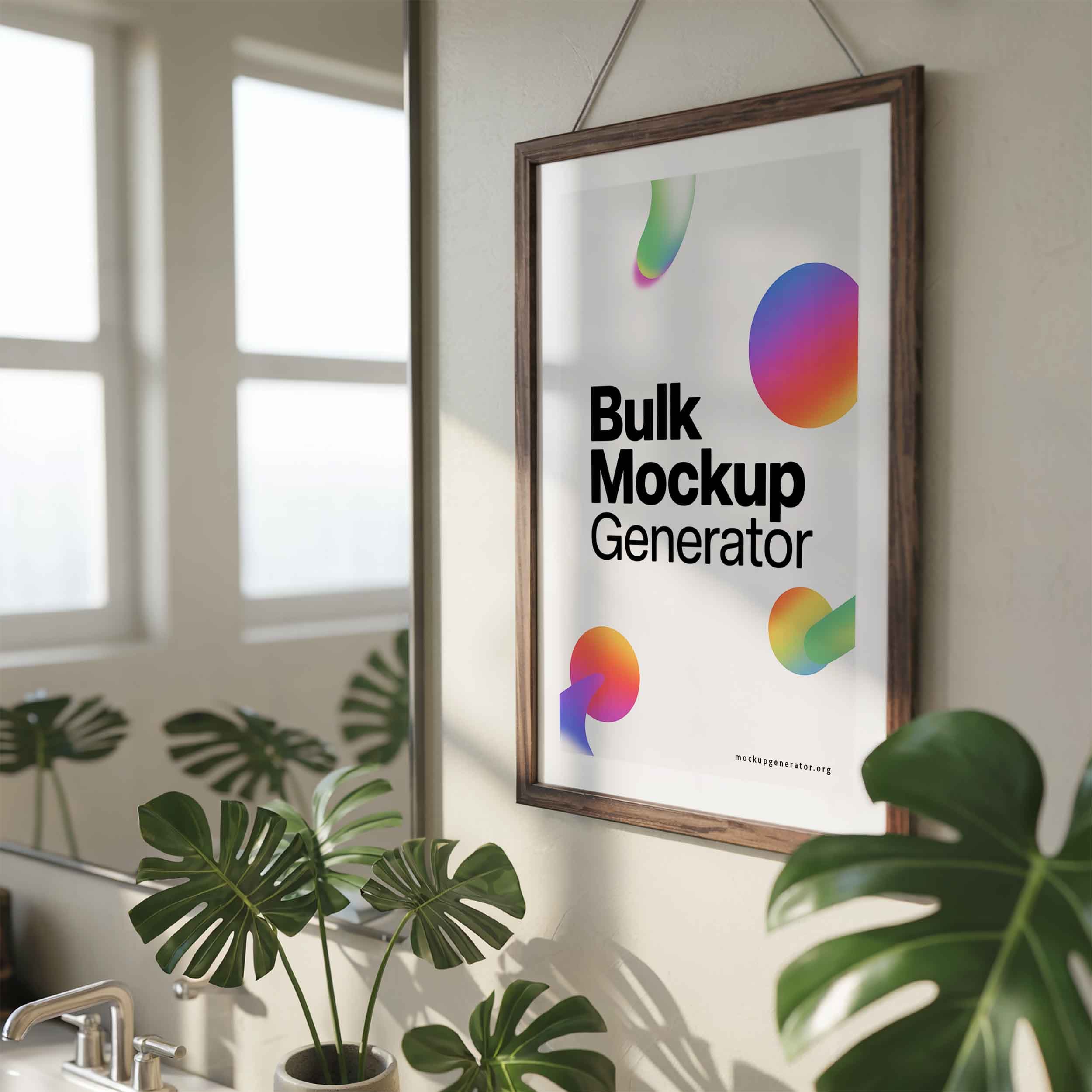 Framed poster in a bathroom with monstera greens