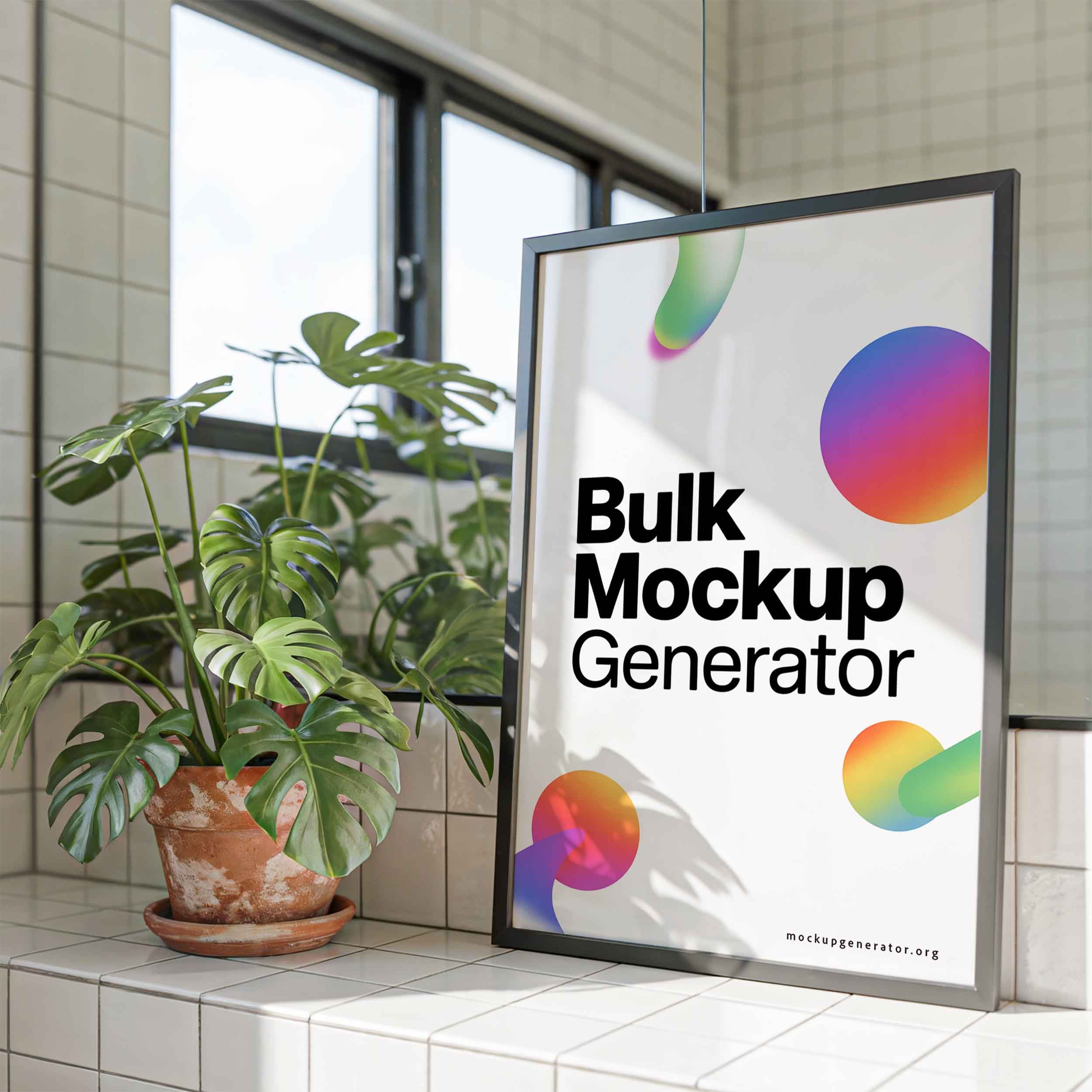 Framed poster in bathroom with monstera