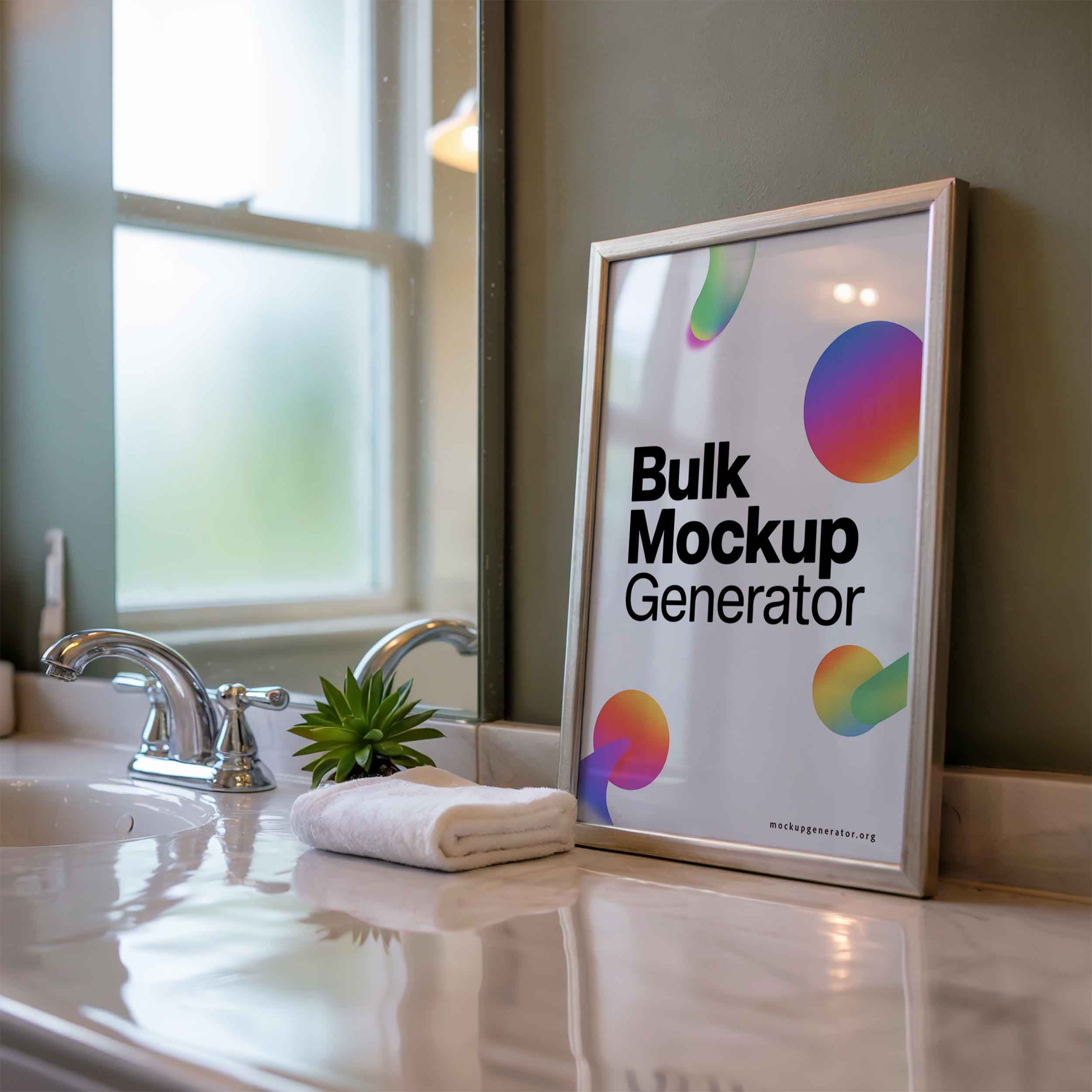 Framed poster in bathroom with succulent