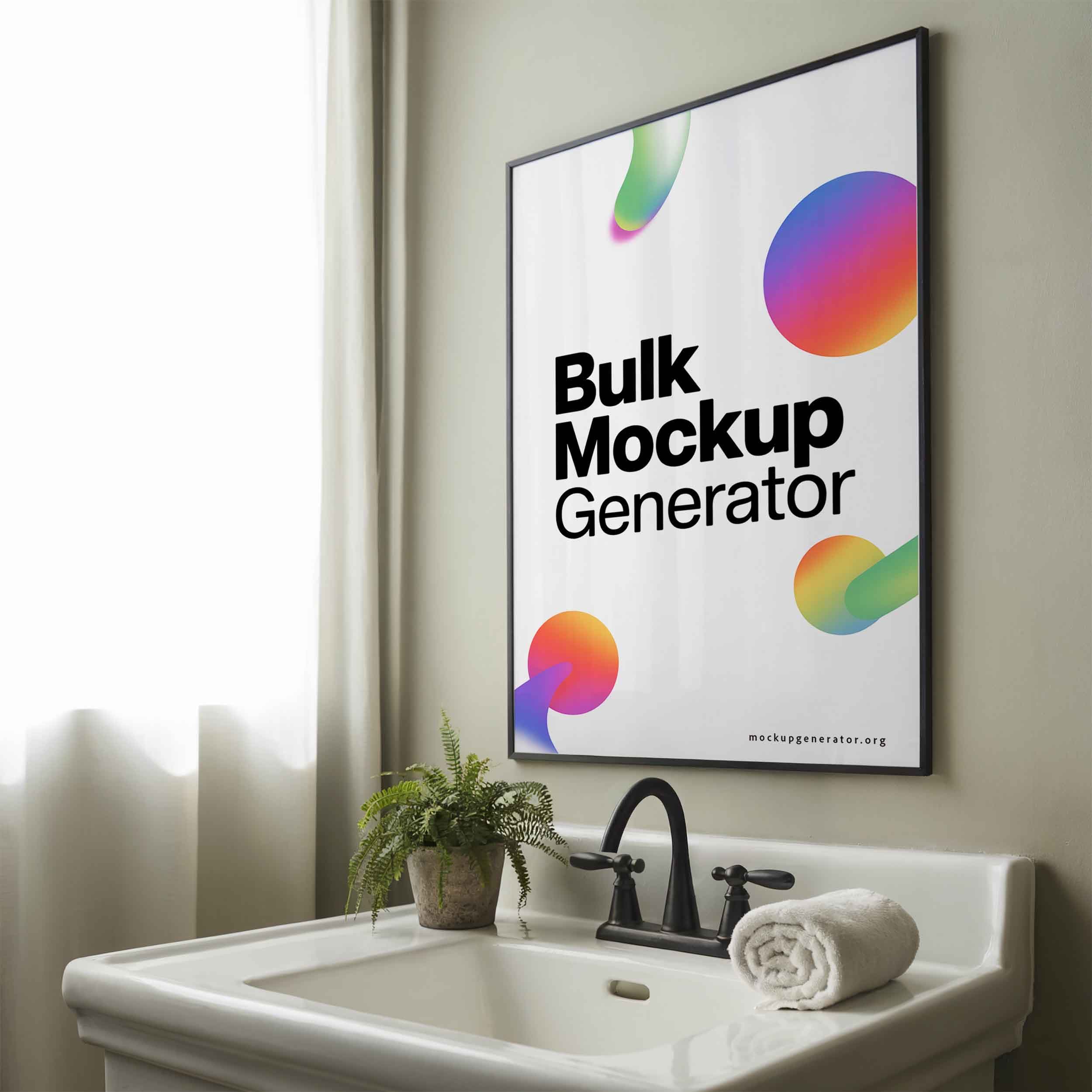 Poster frame in bathroom with small plant