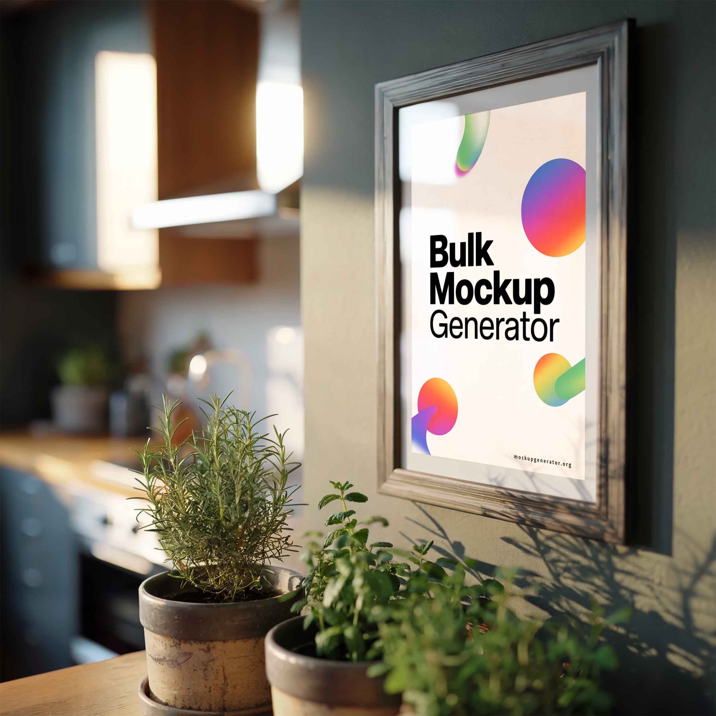 Framed poster in kitchen with greens