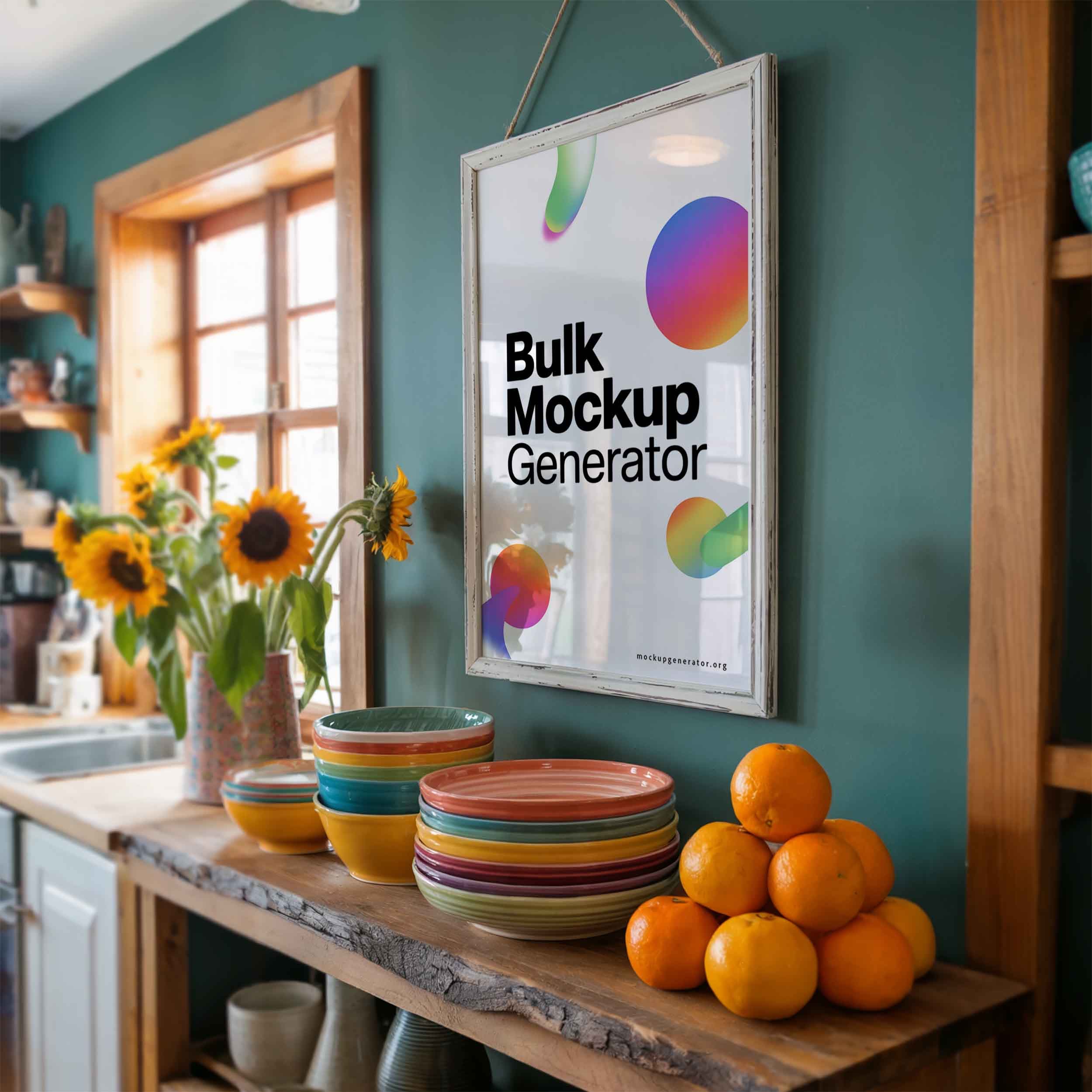 Poster frame in retro kitchen with sunflower