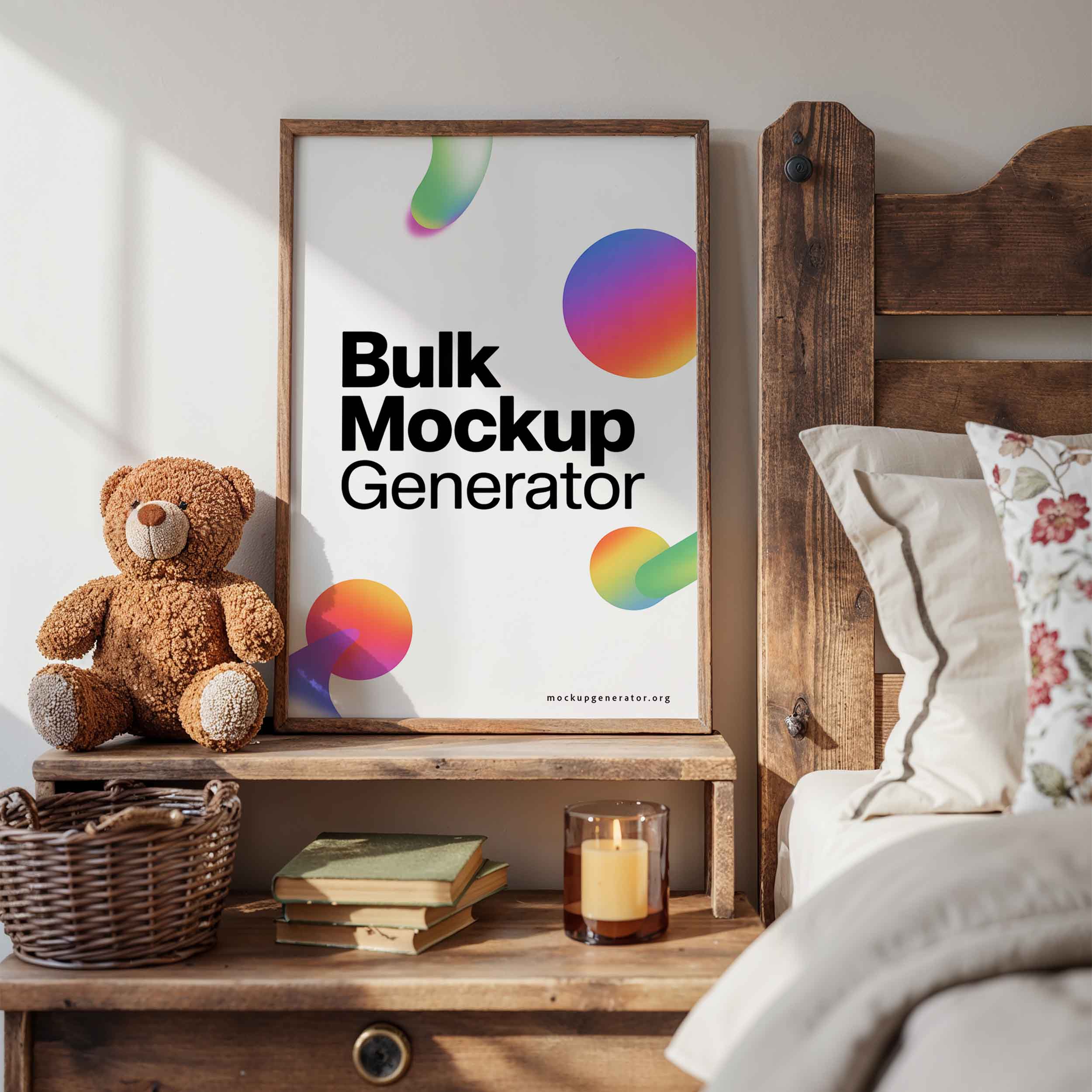 Framed poster in bedroom with Teddy Bear