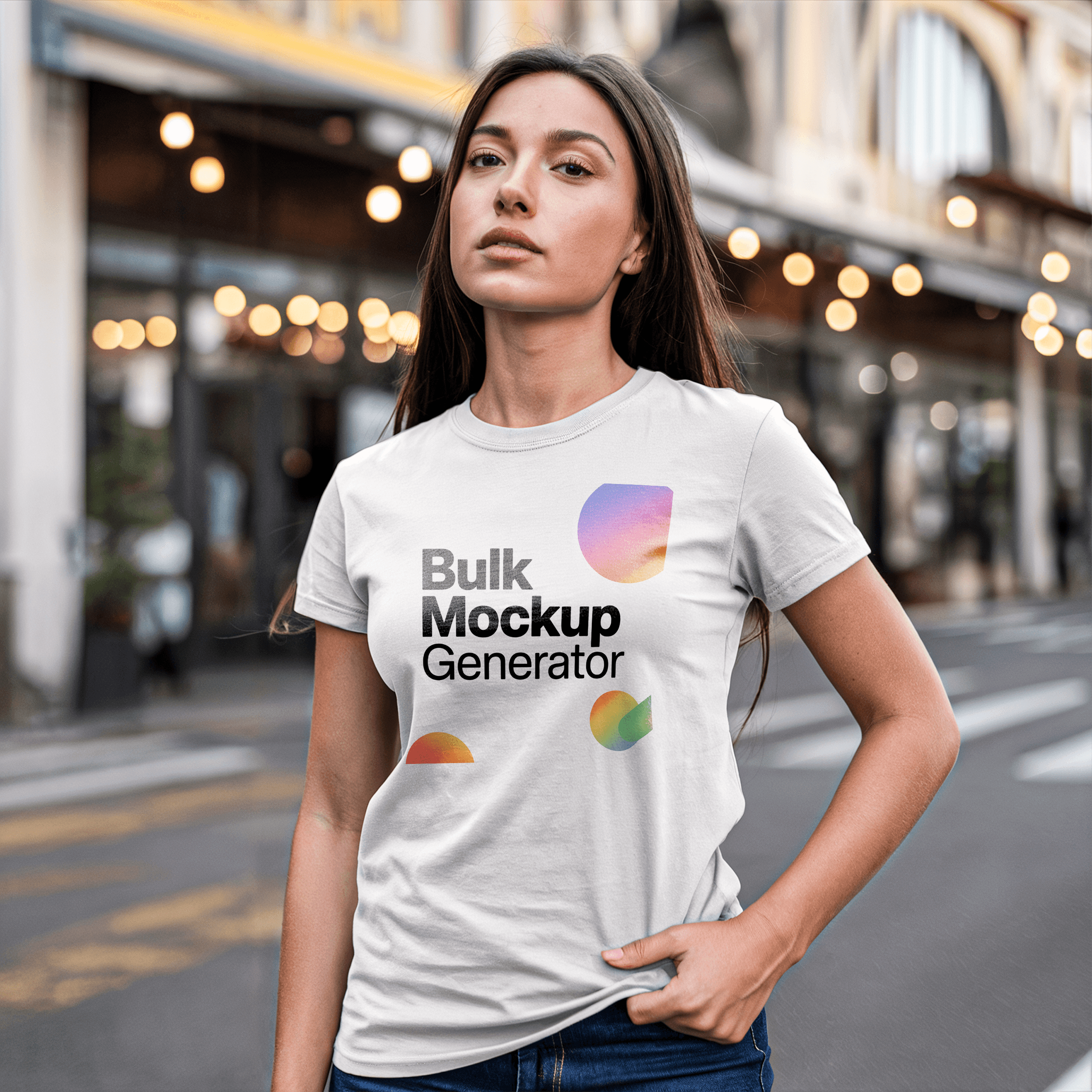 White women's t-shirt, street environment