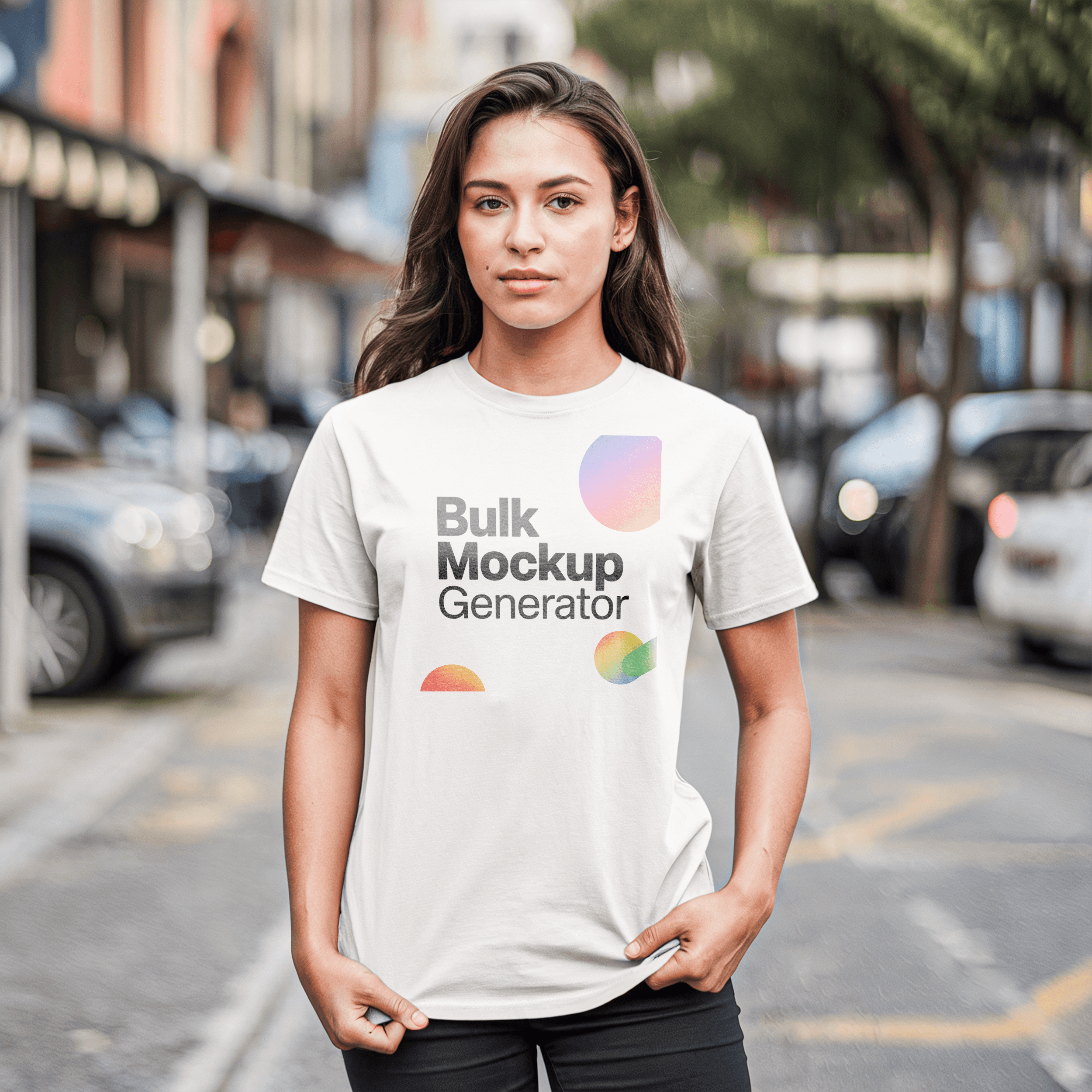 Women's white t-shirt in city streets