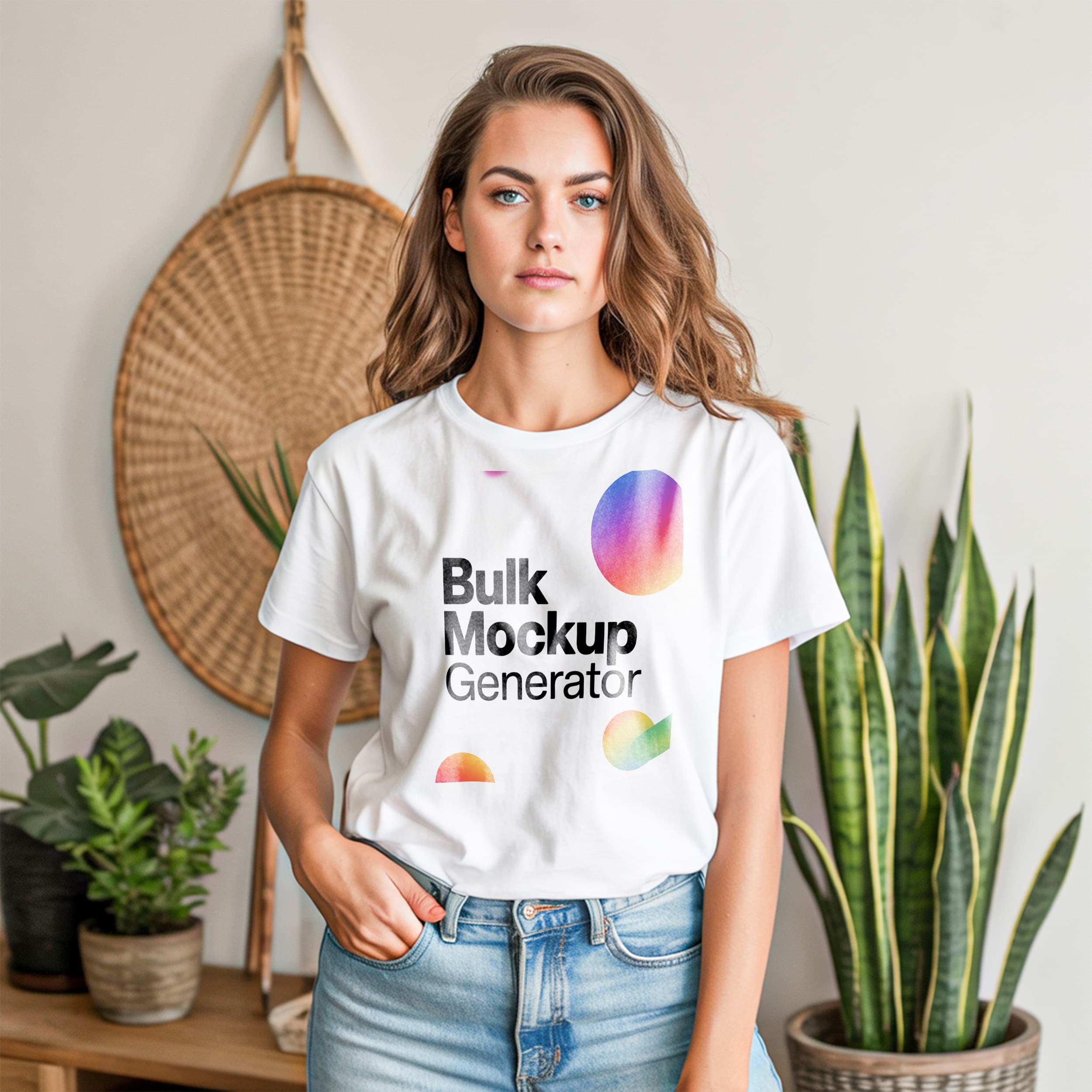 White T-Shirt with Plants Indoors