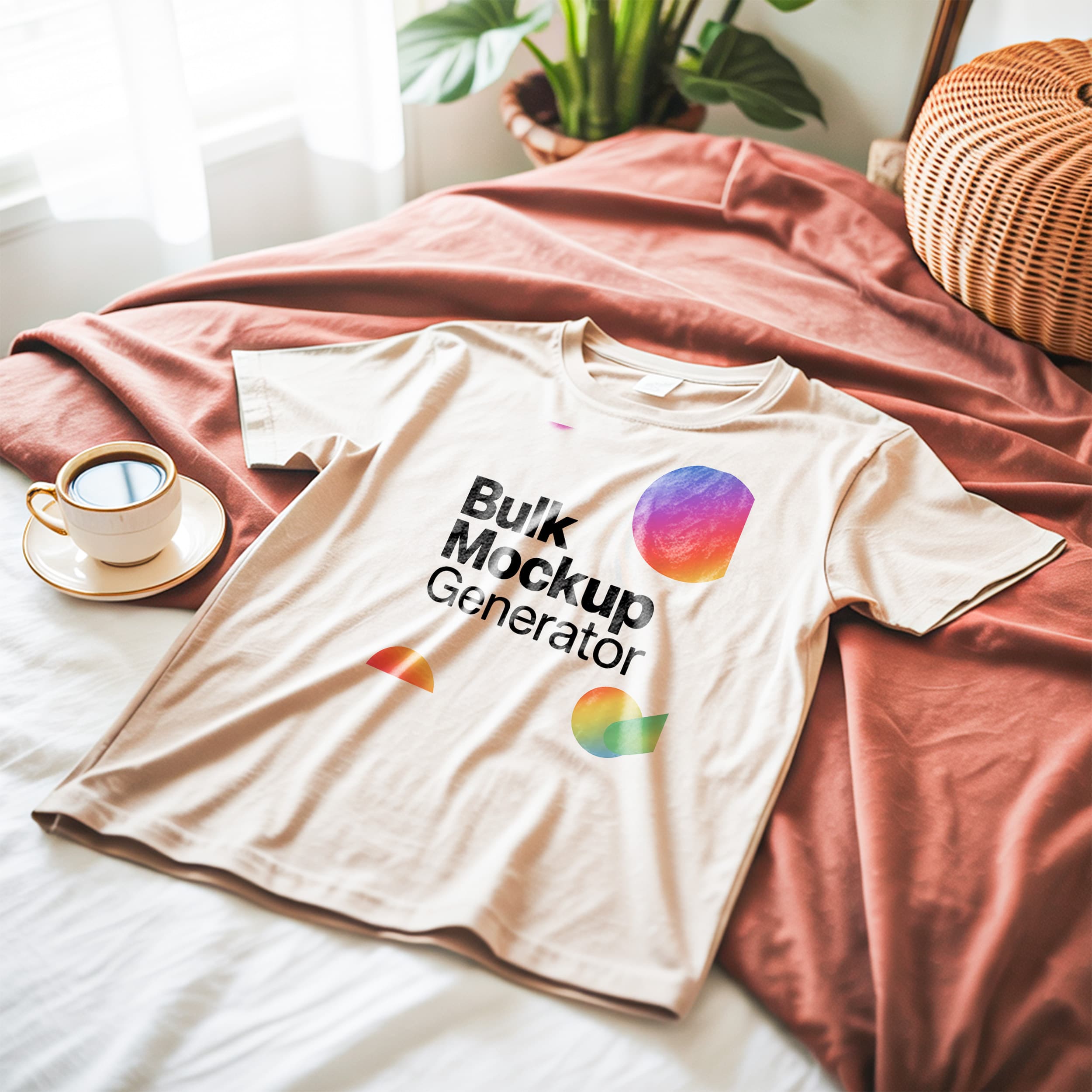 Beige T-Shirt on Bed with Coffee Cup