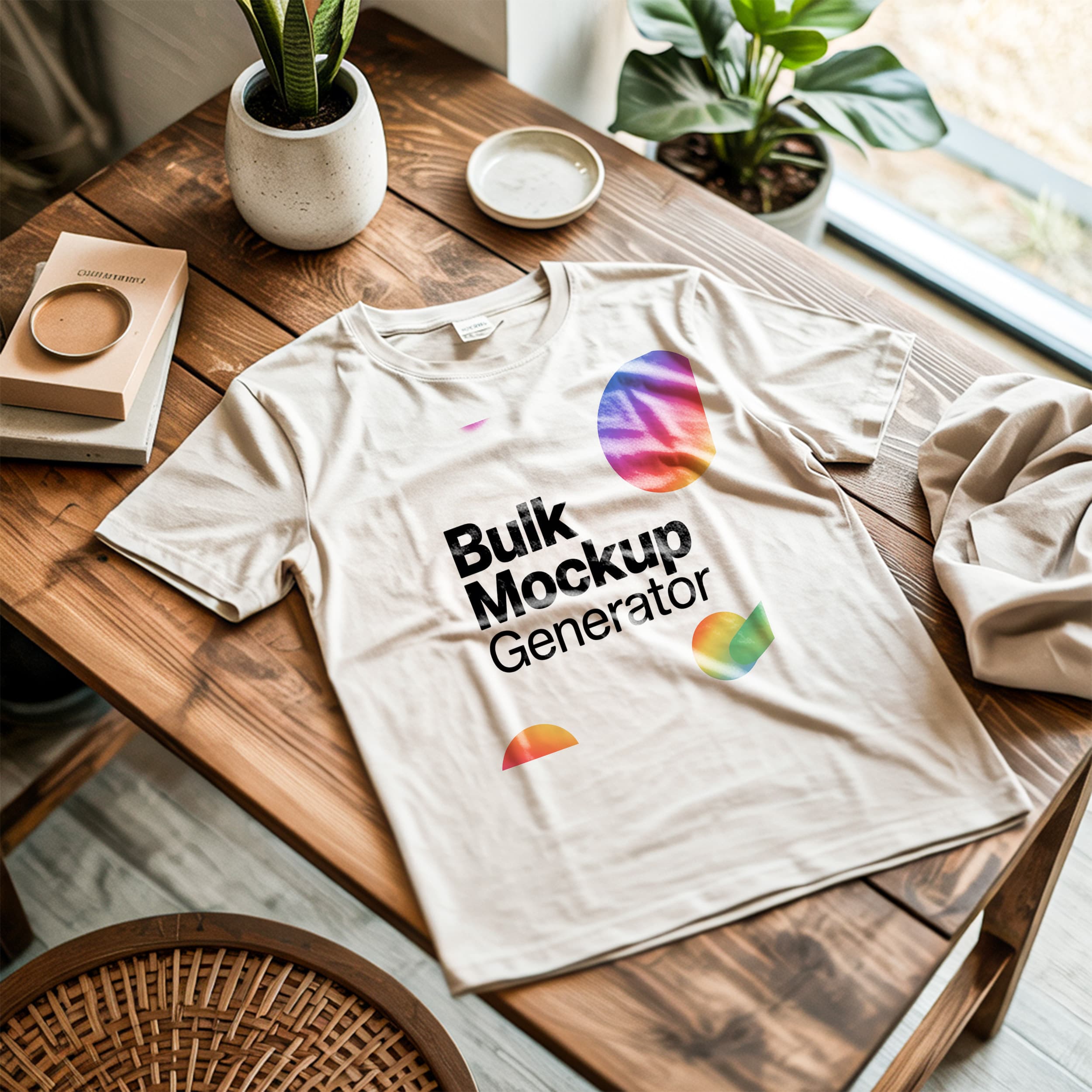 Beige T-Shirt on Wooden Table