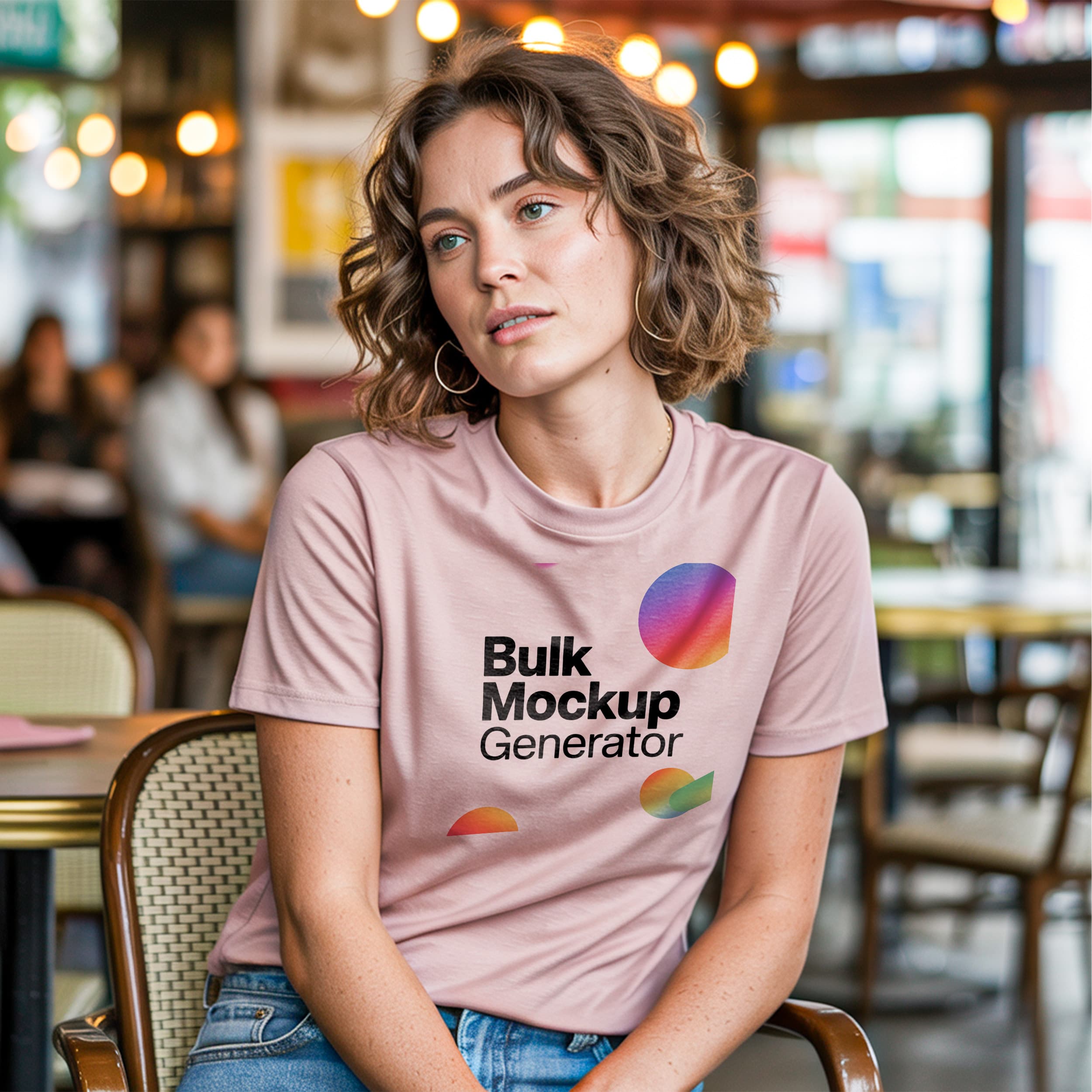 Woman in Beige T-Shirt at Cafe