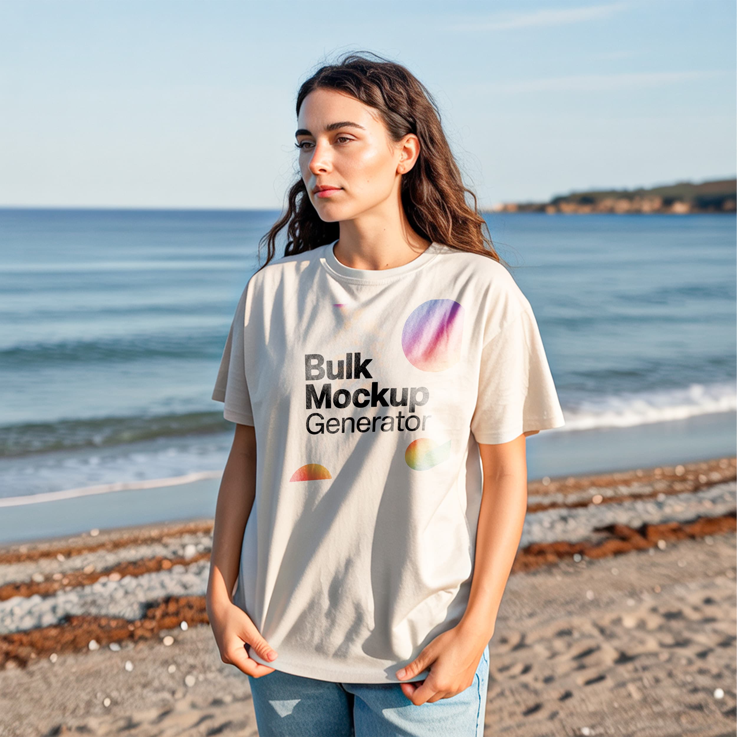 Woman in Beige T-Shirt at Beach