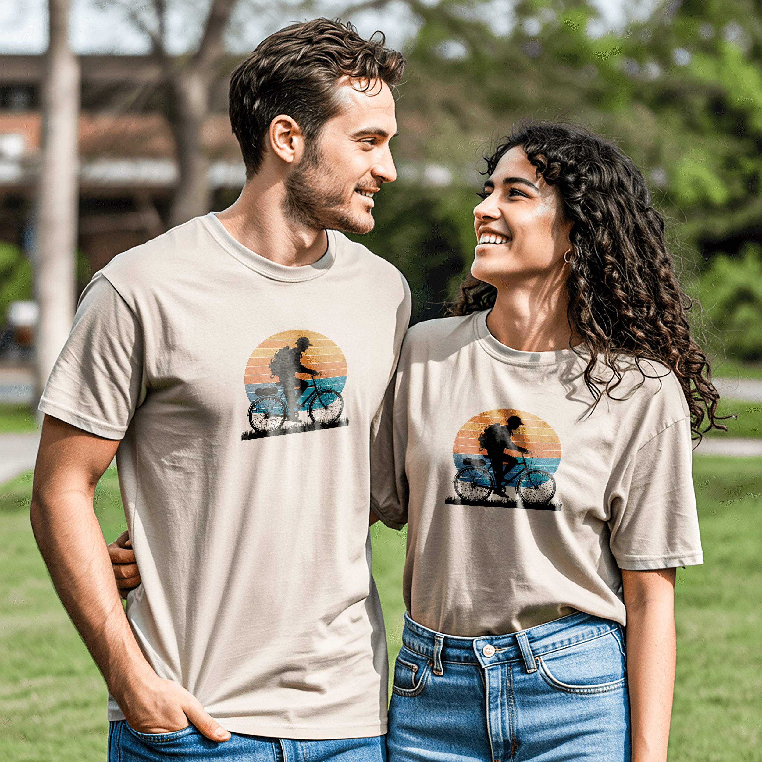 Couple Wearing Matching Beige T-Shirts Outdoors