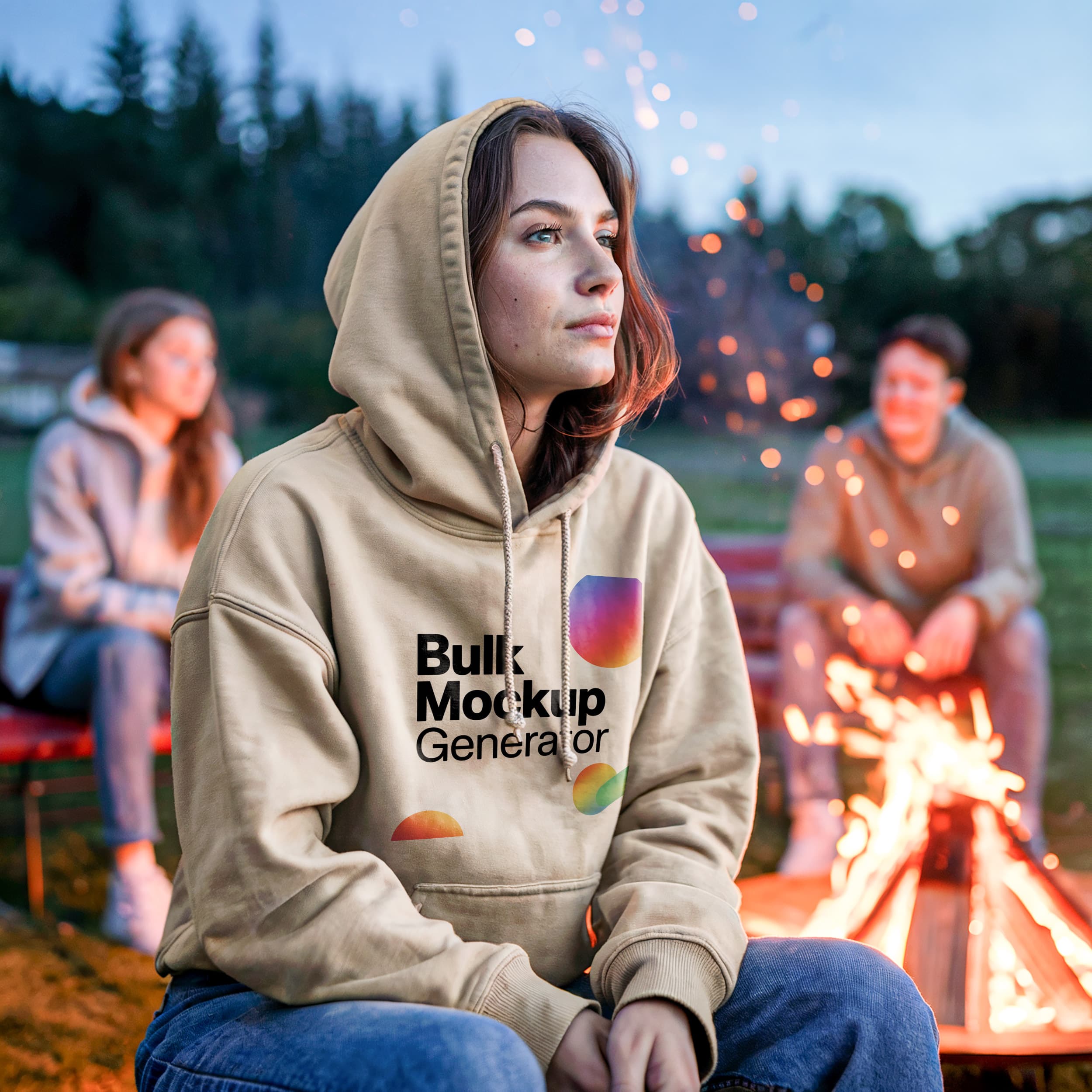 Woman in Hoodie Sitting by Campfire