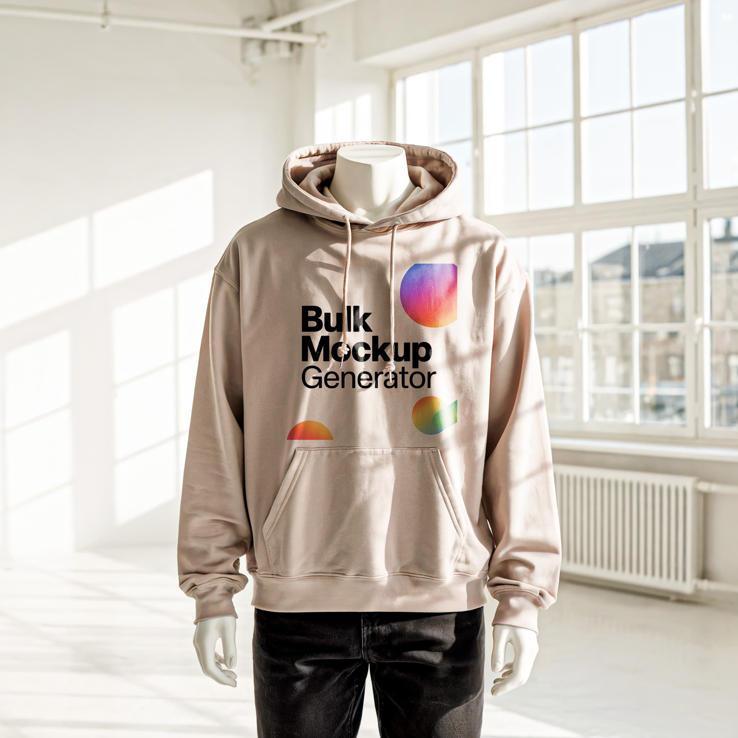 Beige Hoodie on Mannequin in Sunlit Studio