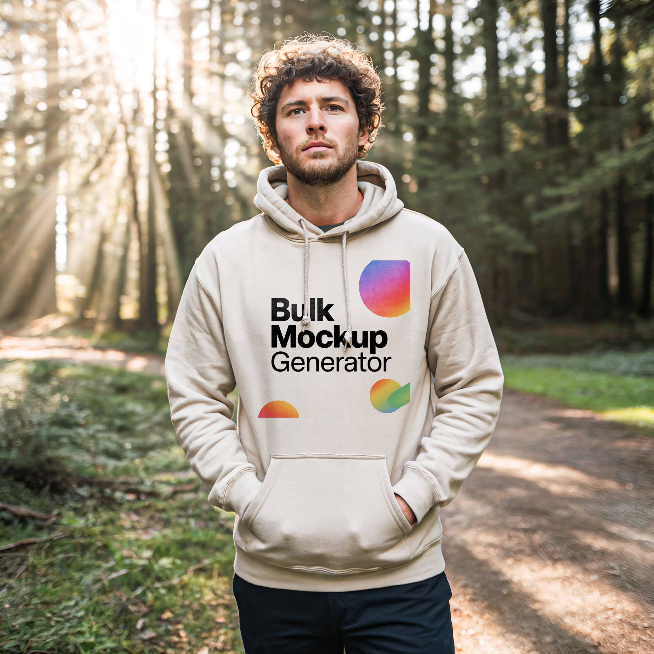 Man in Beige Hoodie Standing in Forest with Sun Rays