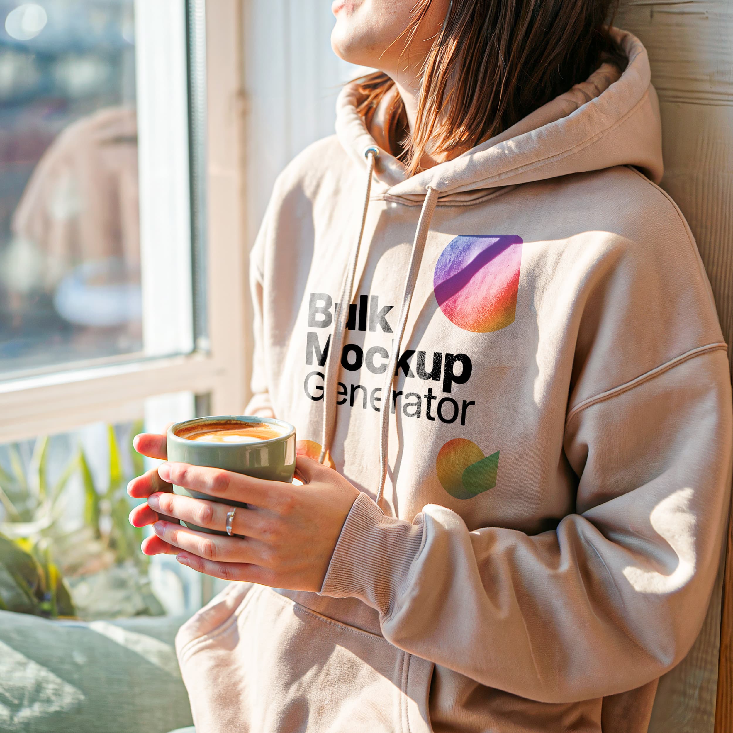 Woman in Beige Hoodie Holding Cup by Window