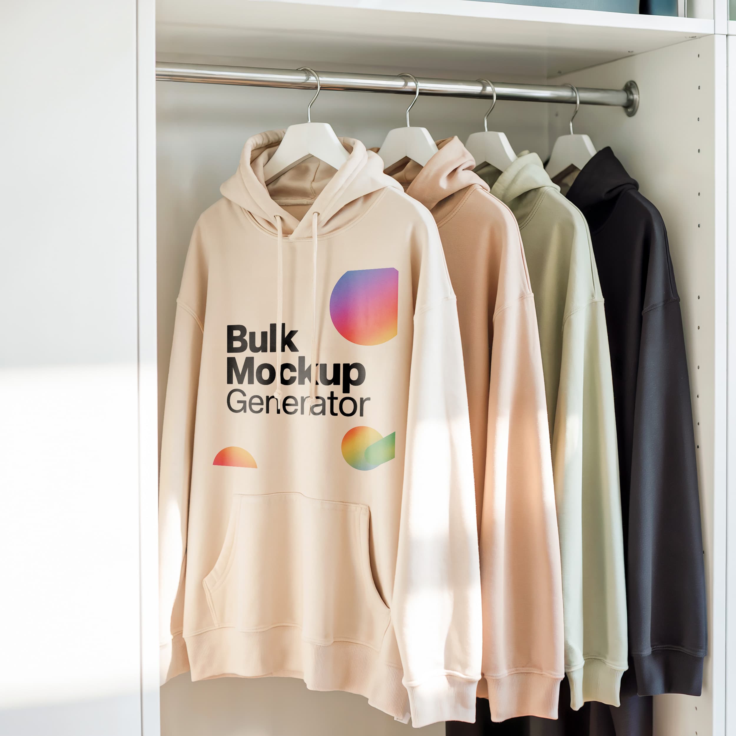 Beige Hoodie on Hangers in Bright Closet