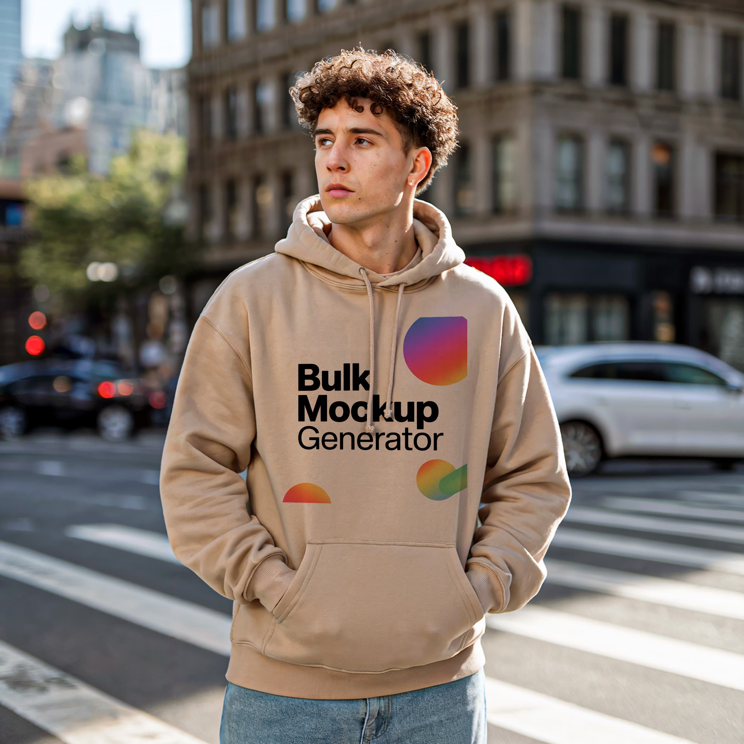 Man in Beige Hoodie Standing on City Street