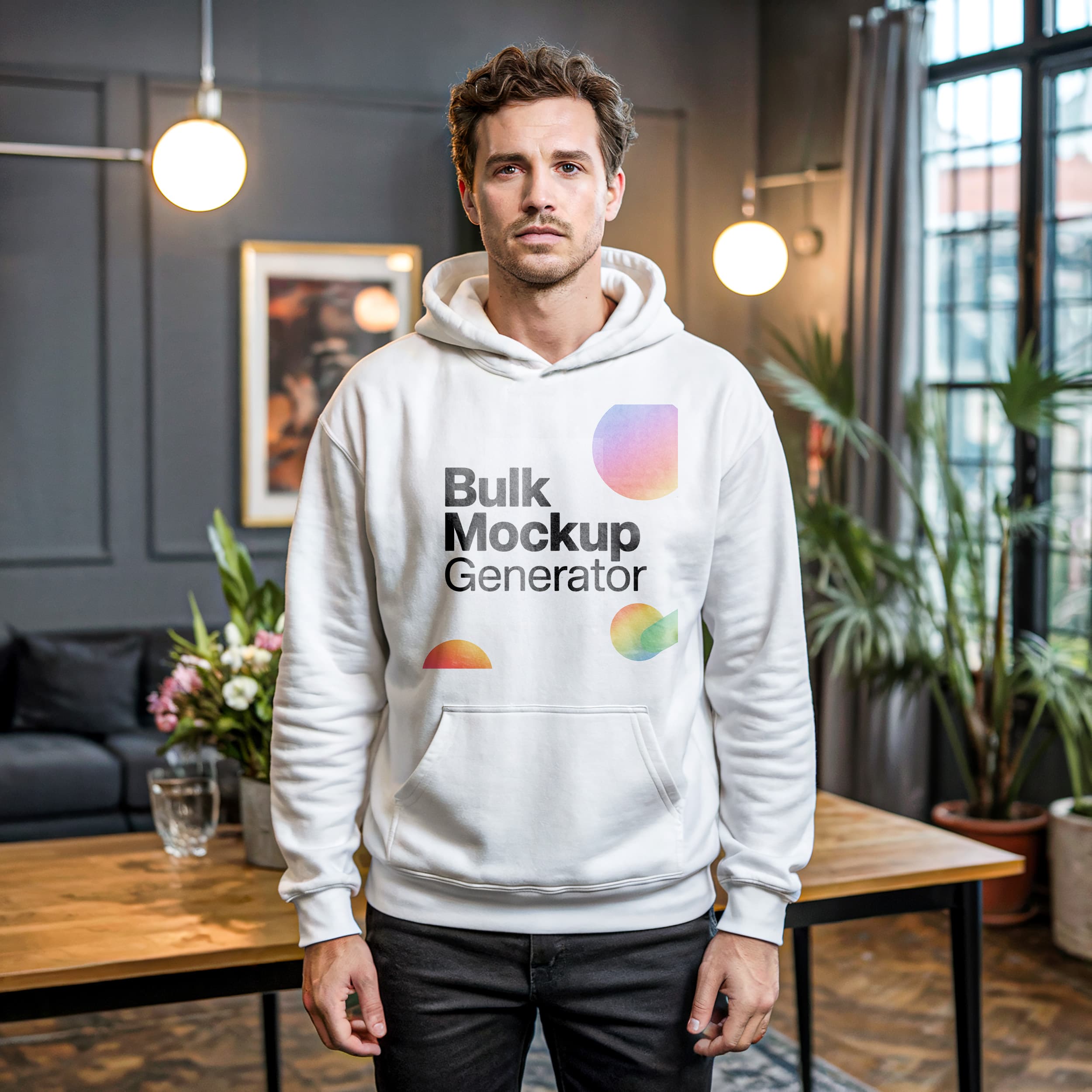 Man in white hoodie in modern living room