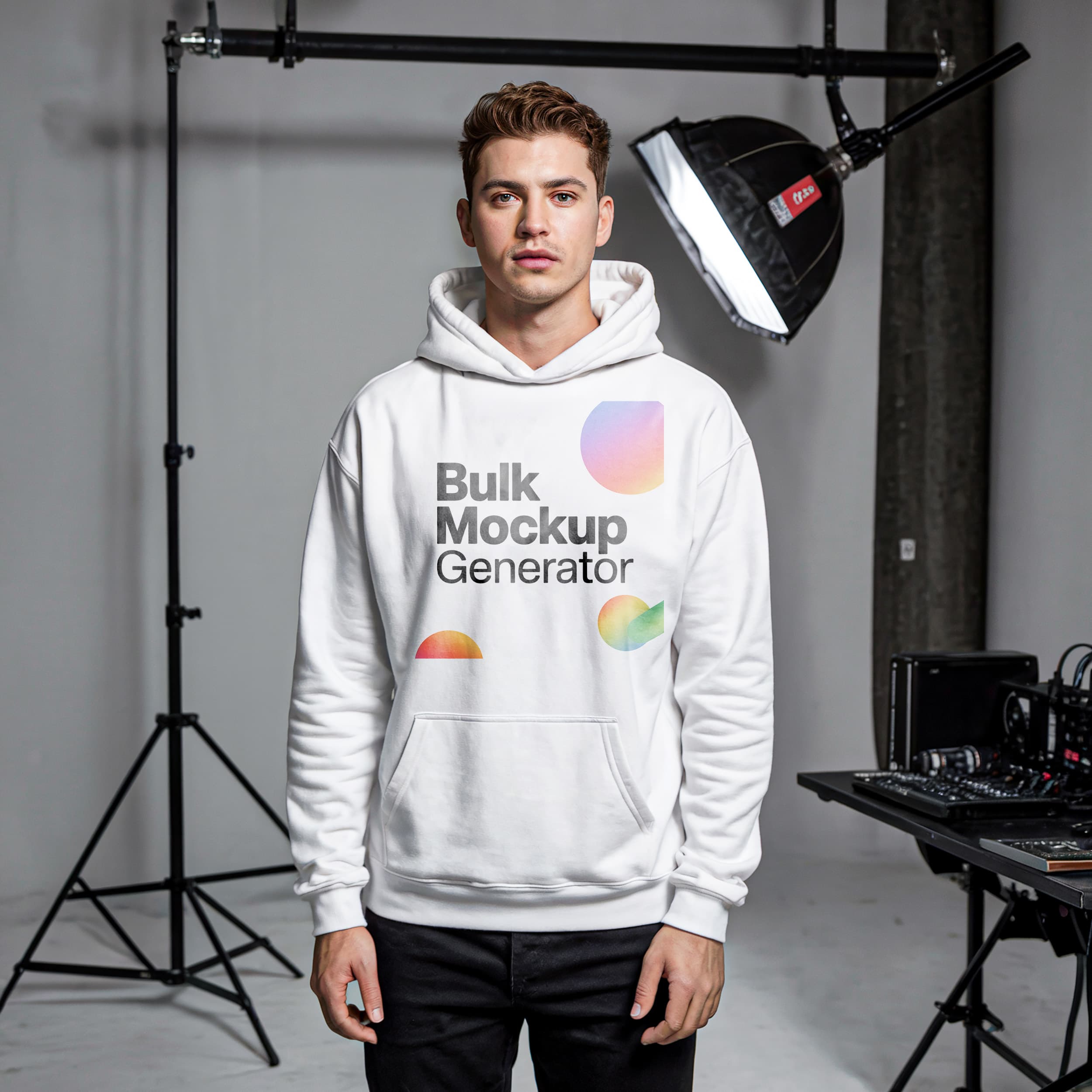 Man in white hoodie in photo studio