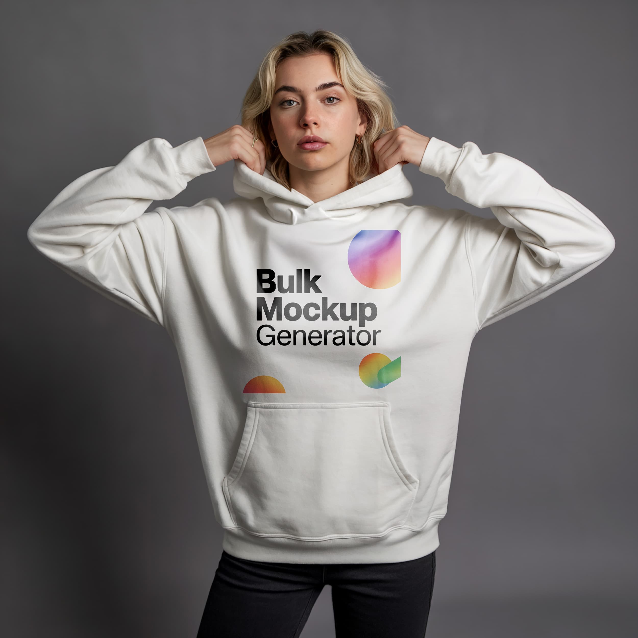 Woman in white hoodie and grey background