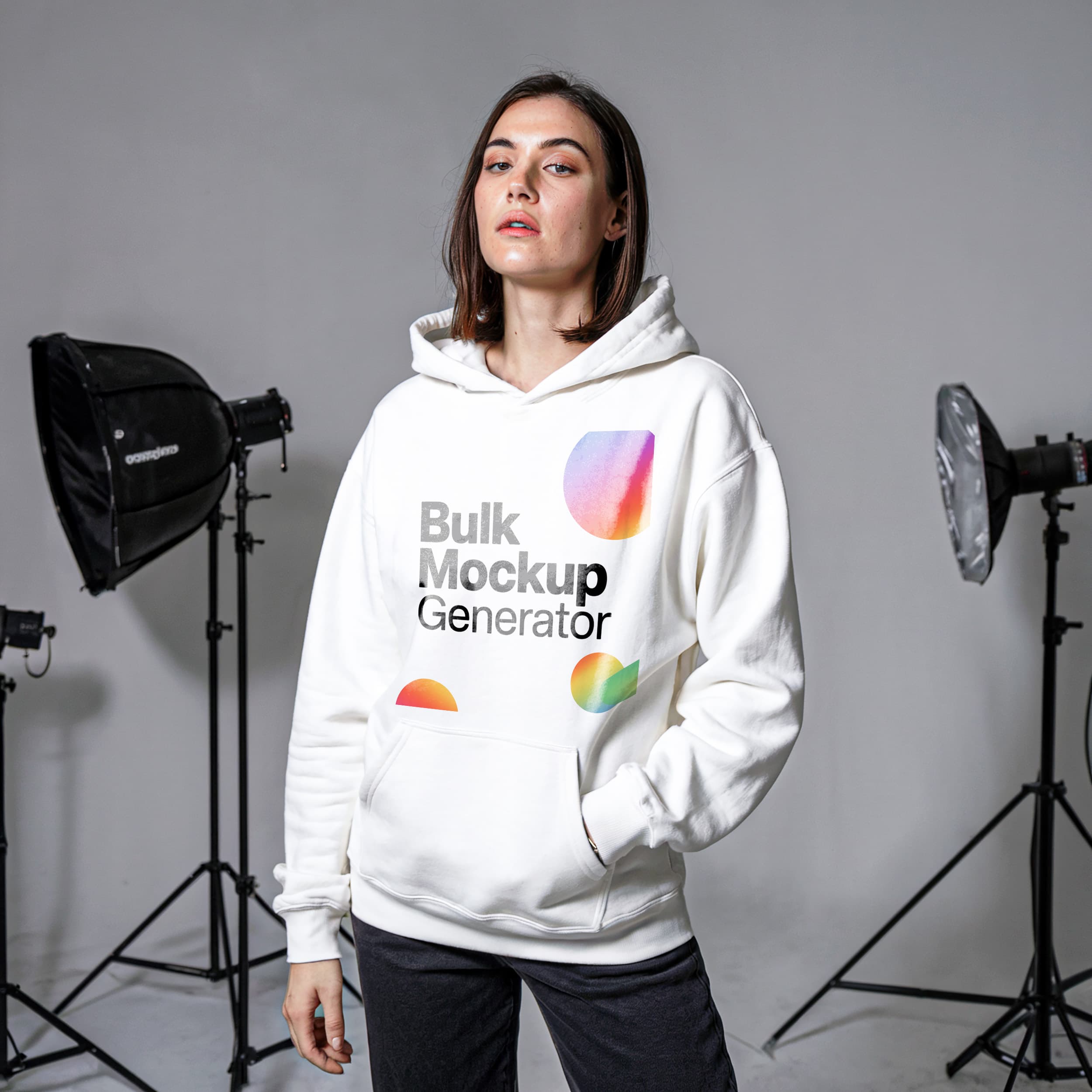 Woman in white hoodie posing in photo studio