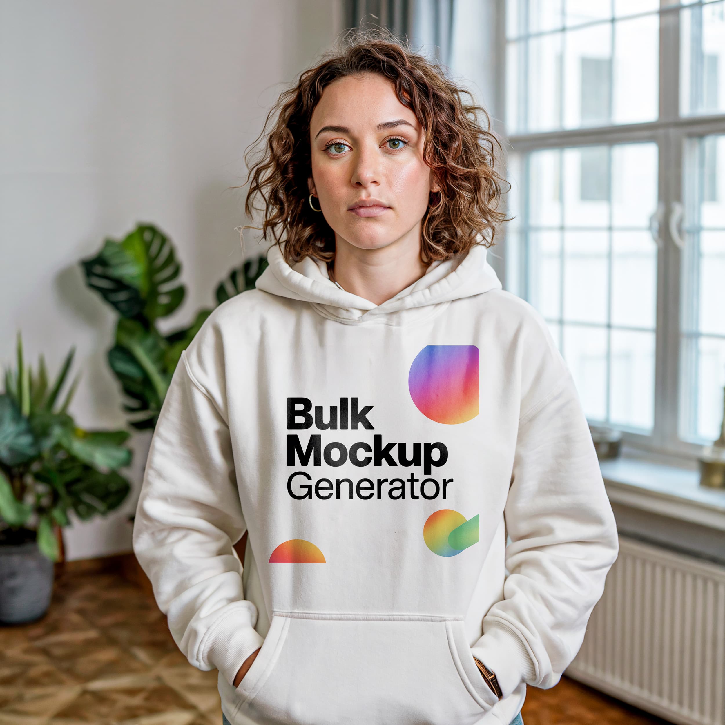 Woman in white hoodie stands by window