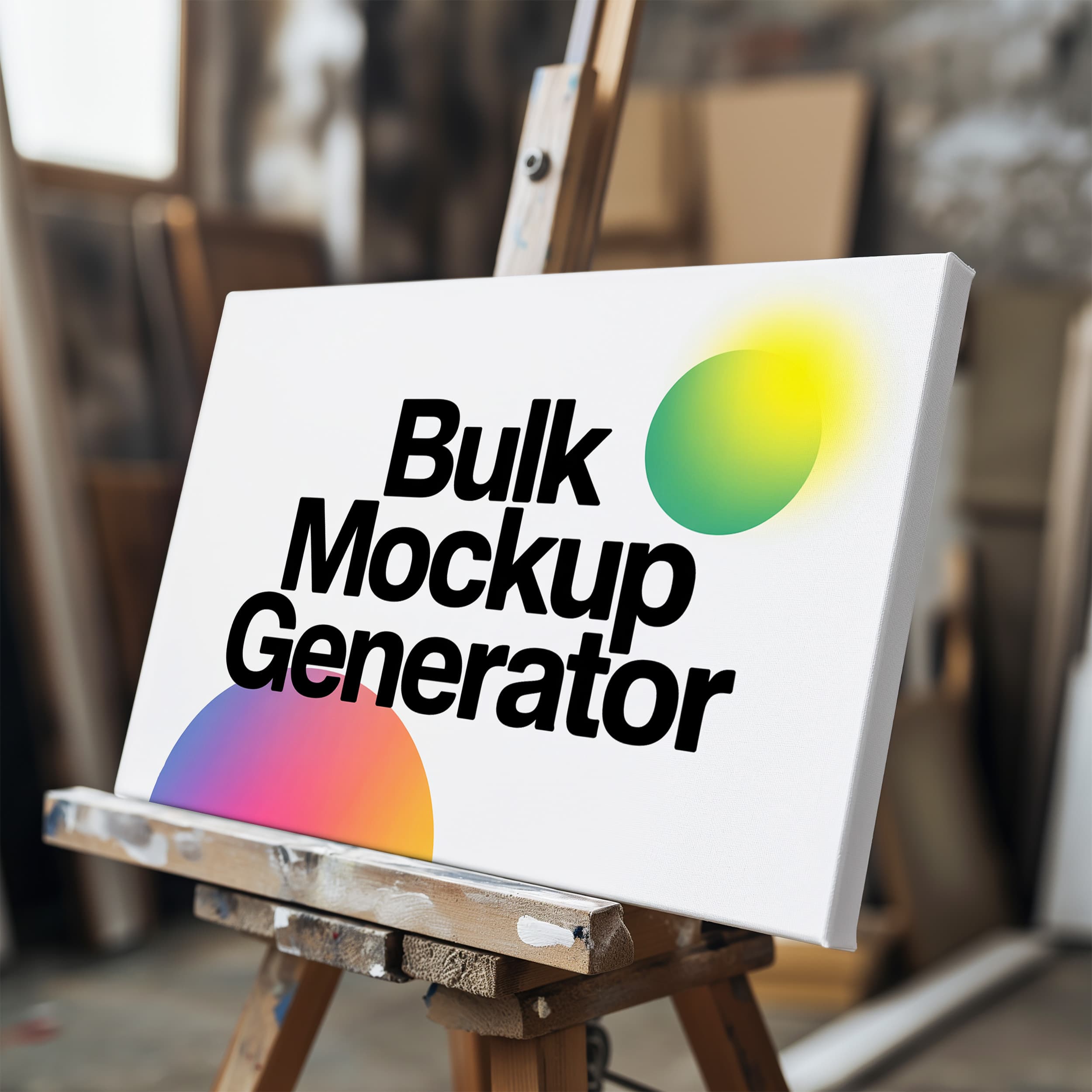 Canvas on wooden easel in studio mockup