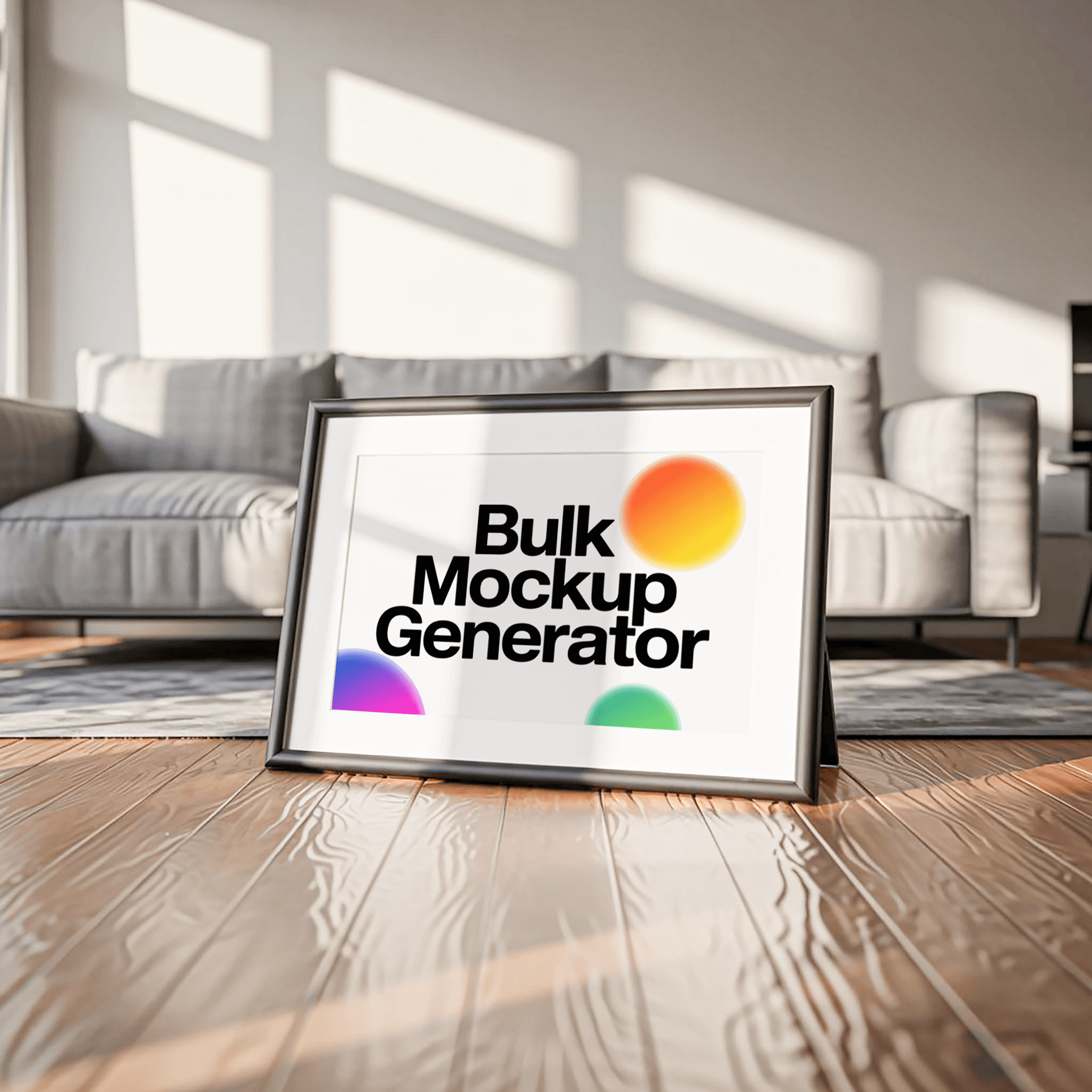 Poster frame on glossy floor, sofa behind