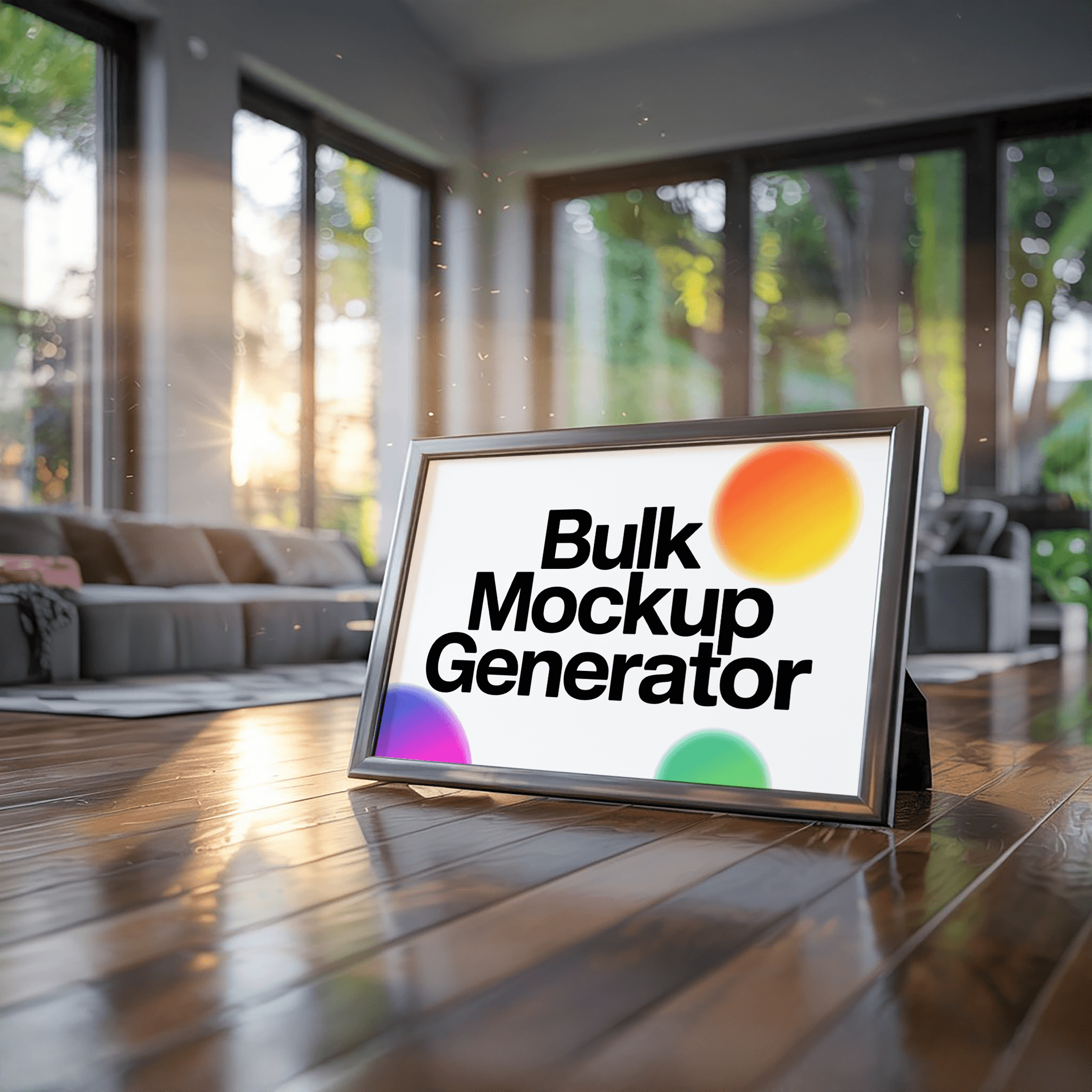 Poster frame on reflective floor, modern living room